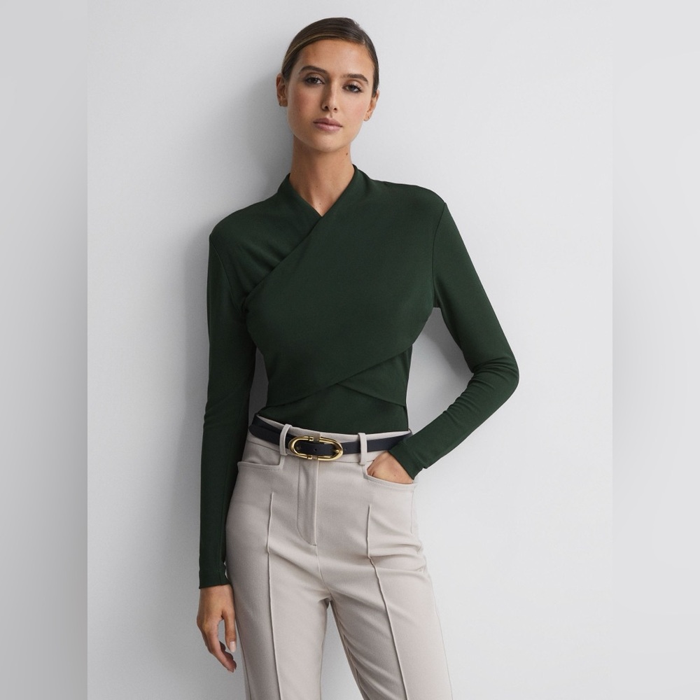 NWT Reiss Ellie Fitted Long Sleeve Wrap Top, Green, Small